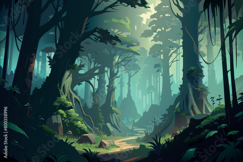 A forest scene with a path leading through it