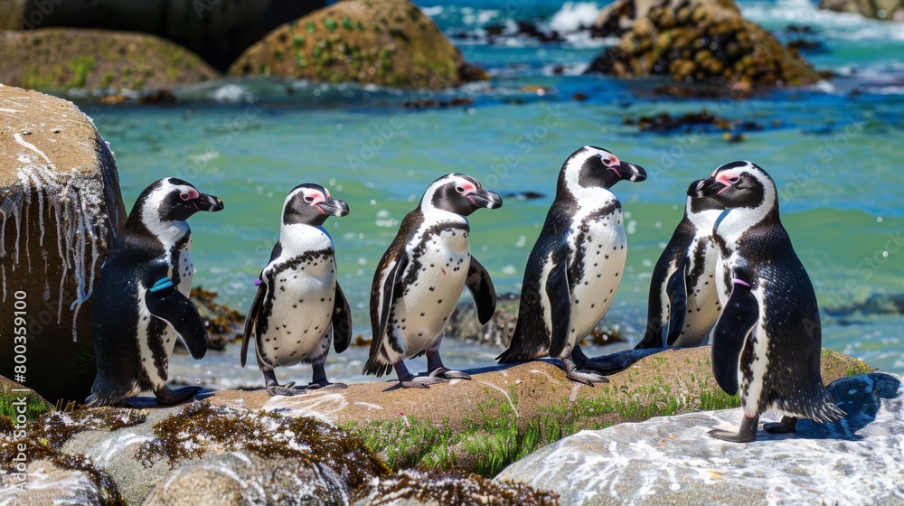Fototapeta premium Vibrant image capturing penguins lined up on seaside rocks as waves crash against the shore in the background