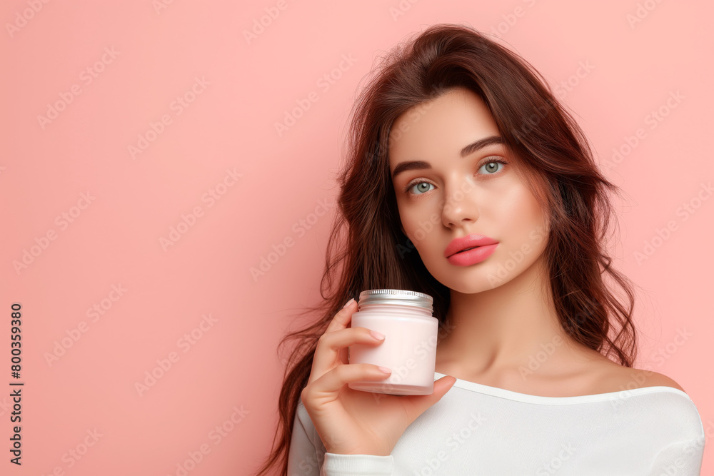 Young woman with skincare cream, promoting beauty and wellness Young woman with skincare cream, promoting beauty and wellness