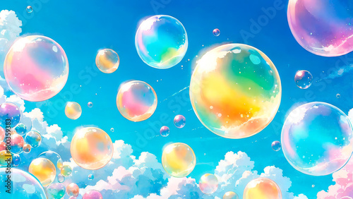 Background illustration with colorful bubbles flying in the blue sky with light clouds