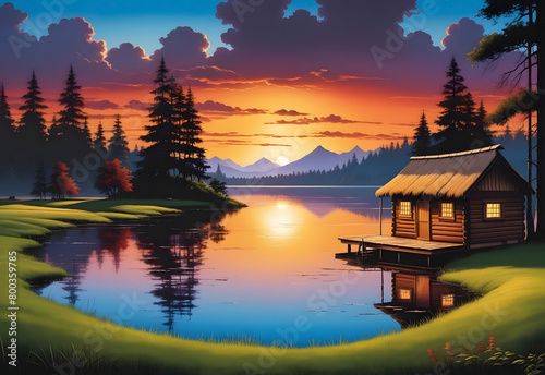 Lake Sunset, a cozy cabin nestled among towering pine trees on the edge of a tranquil lake.