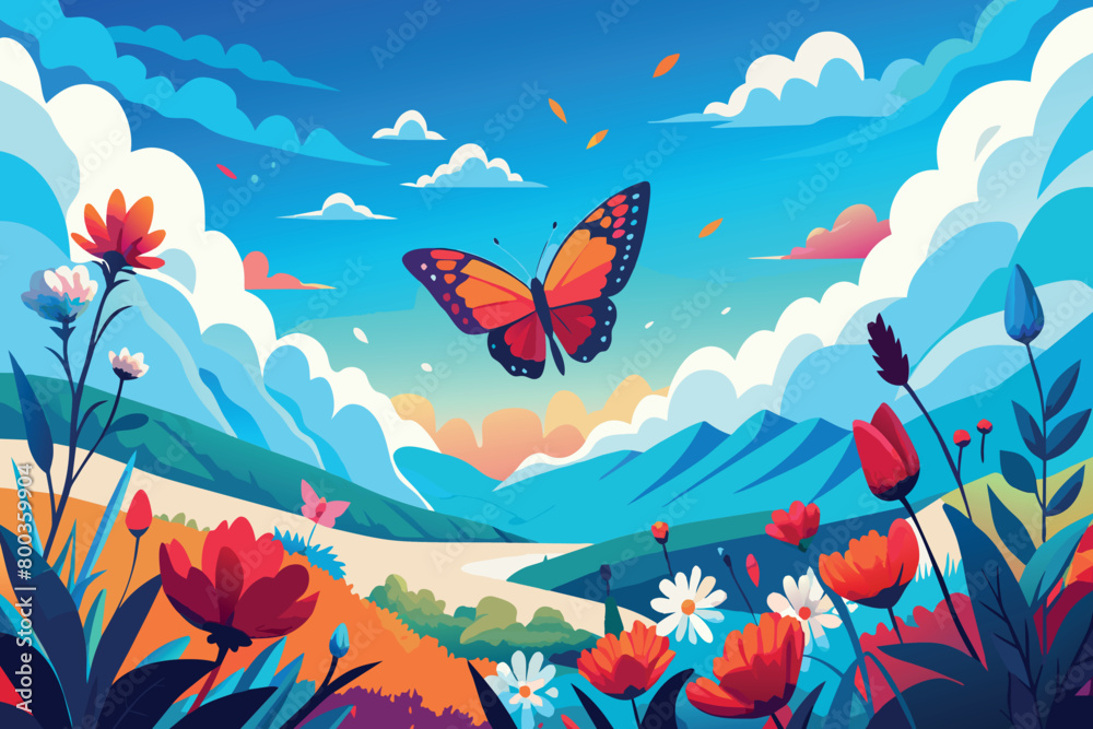Obraz premium A butterfly is flying over a field of flowers