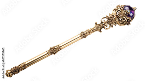 A stunning wand crafted from ornate gold and shimmering amethyst purple glass on transparent background