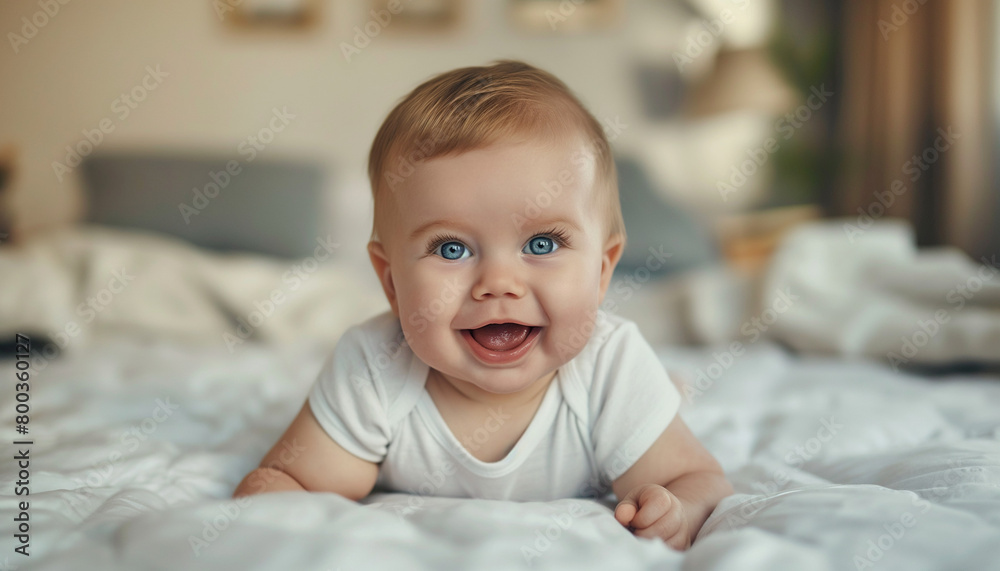 A Portrait of cute adorable smiling laughing white Caucasian baby boy with blue eyes