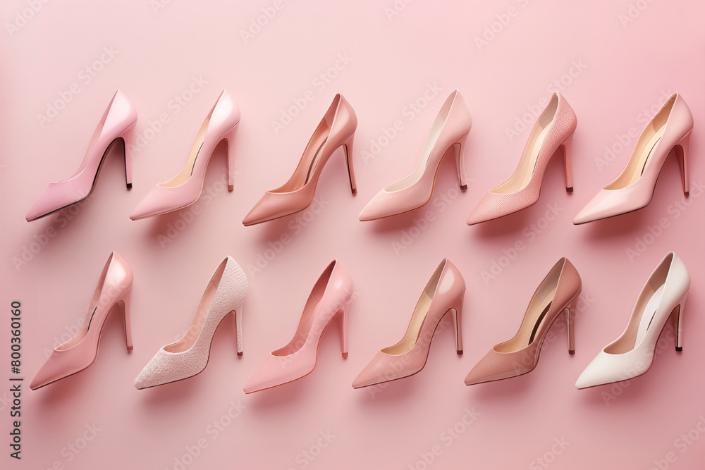 Minimalist flat lay composition featuring a beautiful assortment of women's high-heeled shoes on a soft pink backdrop Minimalist flat lay composition featuring a beautiful assortment of women's high-heeled shoes on a soft pink backdrop