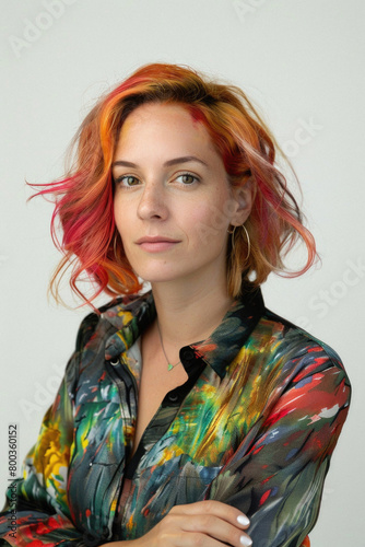 Stylish cool young woman  hipster girl model with trendy rainbow colors hair looking at camera posing for portrait on background. Ombre bright hairstyles  beauty hair coloring  colorist ads.