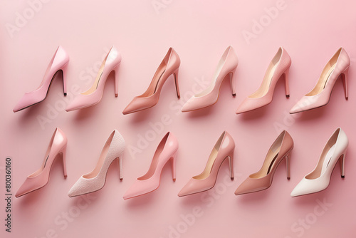 Minimalist flat lay composition featuring a beautiful assortment of women's high-heeled shoes on a soft pink backdrop