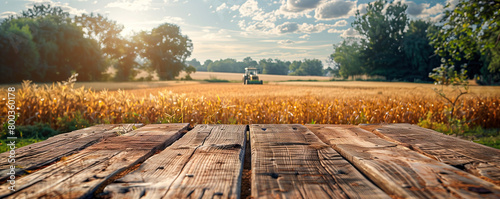 Close-up auf einen Tisch mit Getreidefeld und Traktor im Hintergrund. Tisch mit Freiraum für Produktpräsentation und Textfreiraum. Panorama Banner Format
