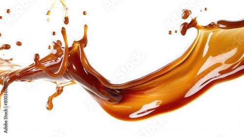 Melted caramel sauce isolated on a white background. Spilled maple syrup. Abstract,caramel syrup splash isolated on white background