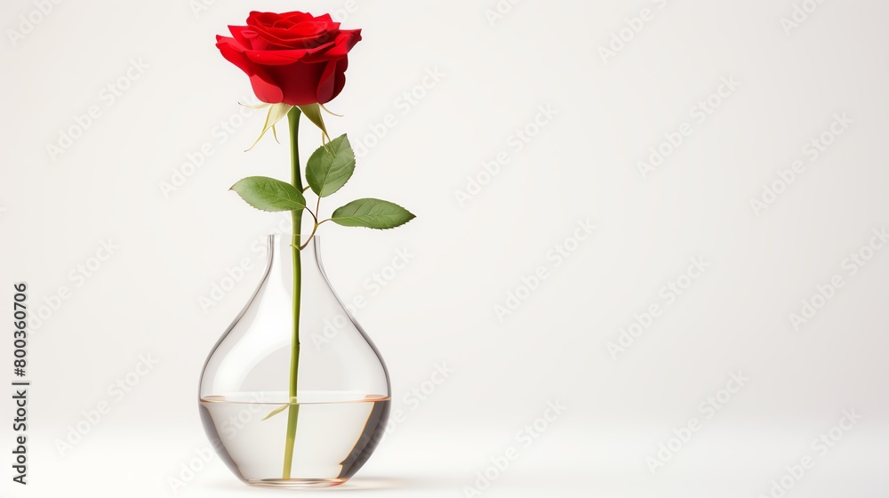 Obraz premium Elegant glass vase with a single red rose, isolated on pure white, soft shadows underlining simplicity.