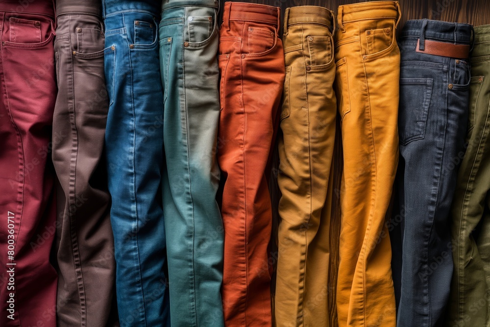 Vibrant and symmetrical array of various colored trousers neatly arranged