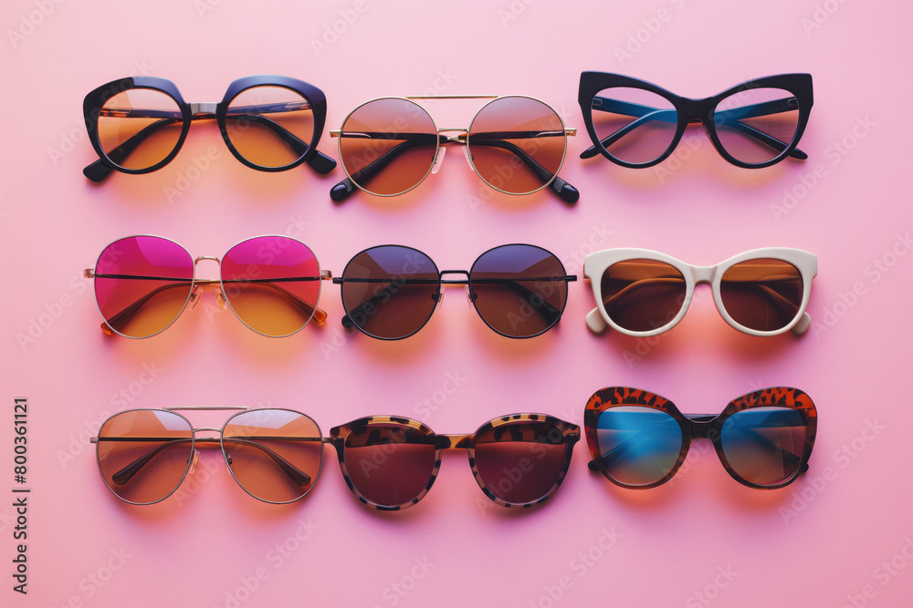 Collection of fashionable sunglasses arranged on a vibrant pink backdrop in a flat lay composition Collection of fashionable sunglasses arranged on a vibrant pink backdrop in a flat lay composition
