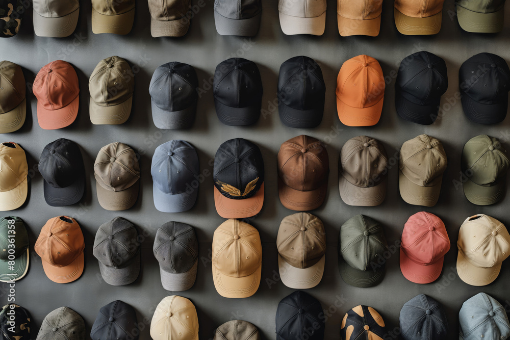 Neat arrangement of various hats and caps on a minimalist backdrop, showcasing diverse styles