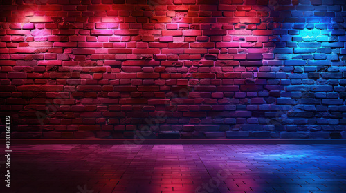 Red and blue neon lights on a brick wall background, night club stage design. Generative Ai Image.