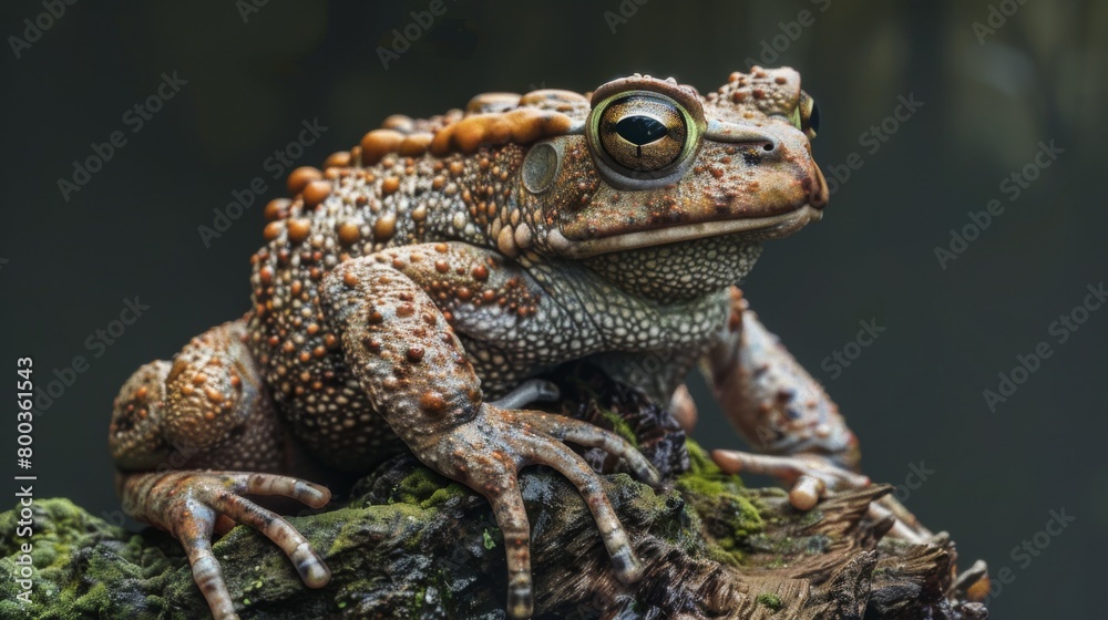 A macro shot captures a crowned tree frog with granular skin and captivating eyes resting atop a richly textured mossy log A macro shot captures a crowned tree frog with granular skin and captivating eyes resting atop a richly textured mossy log
