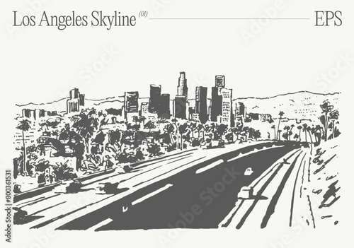 Los Angeles skyline, California. Highway in the foreground. Hand drawn vector illustration, sketch.