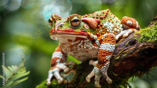 This striking image shows a red and green tree frog with bold patterns on a twisted vine among leaves