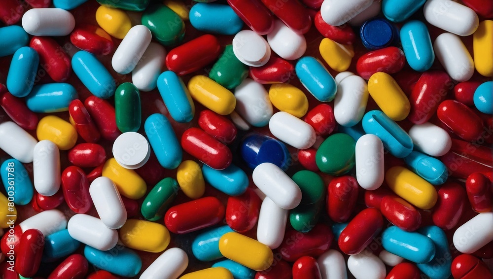 A whirlwind of medication, Multicolored pills and capsules cascading through the air in a captivating display. A whirlwind of medication, Multicolored pills and capsules cascading through the air in a captivating display.