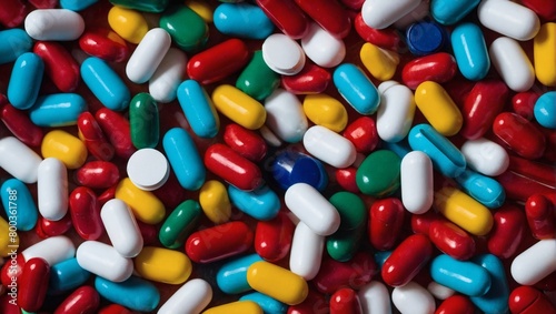 A whirlwind of medication, Multicolored pills and capsules cascading through the air in a captivating display.