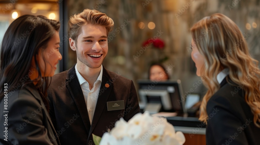 Guest relations manager addressing international guests' inquiries and ensuring their stay exceeds expectations. Guest relations manager addressing international guests' inquiries and ensuring their stay exceeds expectations.