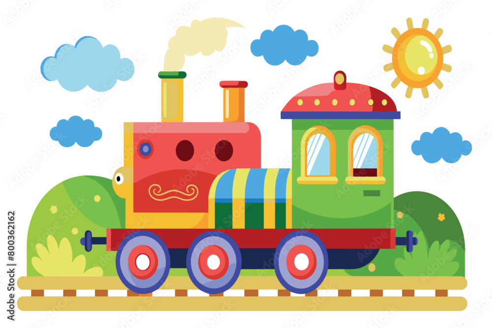 A colorful train with a mustache on the front