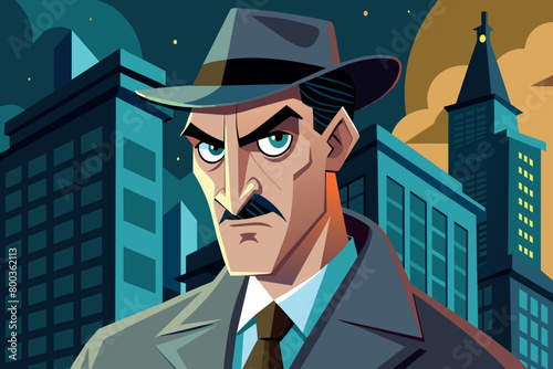 A cartoonish man with a fedora and a mustache stands in front of a city skyline