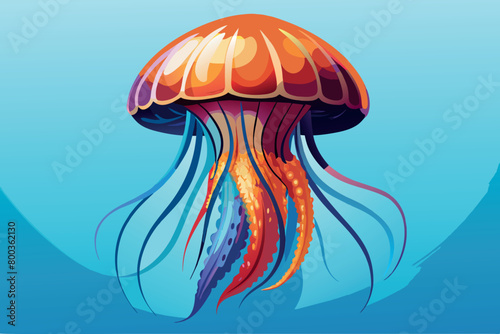 A jellyfish with a purple and orange body is floating in the ocean