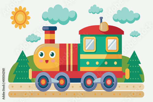 A colorful train with a smiling face is traveling down a track