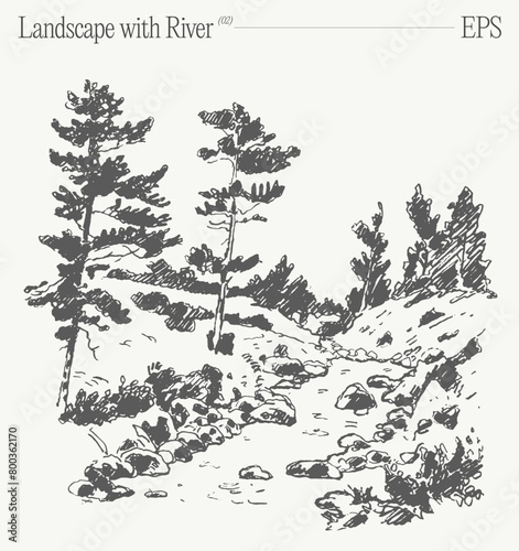 Landscape with trees and river on a slope. Hand drawn vector illustration, sketch.