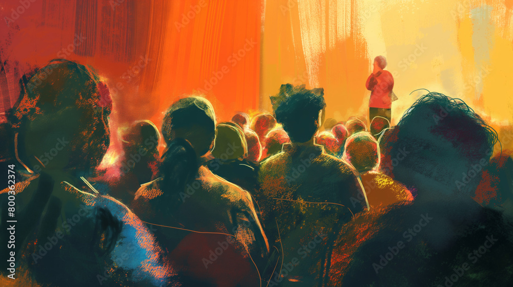 A colorful, abstract illustration of an audience engaged in watching a speaker presenting on stage, evoking community and sharing A colorful, abstract illustration of an audience engaged in watching a speaker presenting on stage, evoking community and sharing