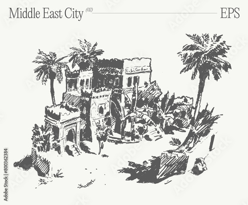 Hand drawn vector illustration of a buildings in the Middle East City, oasis in desert