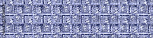 Decorative Indigo blue Japanese block print border pattern. Seamless dye effect vector design for fabric batik background edging banner. 