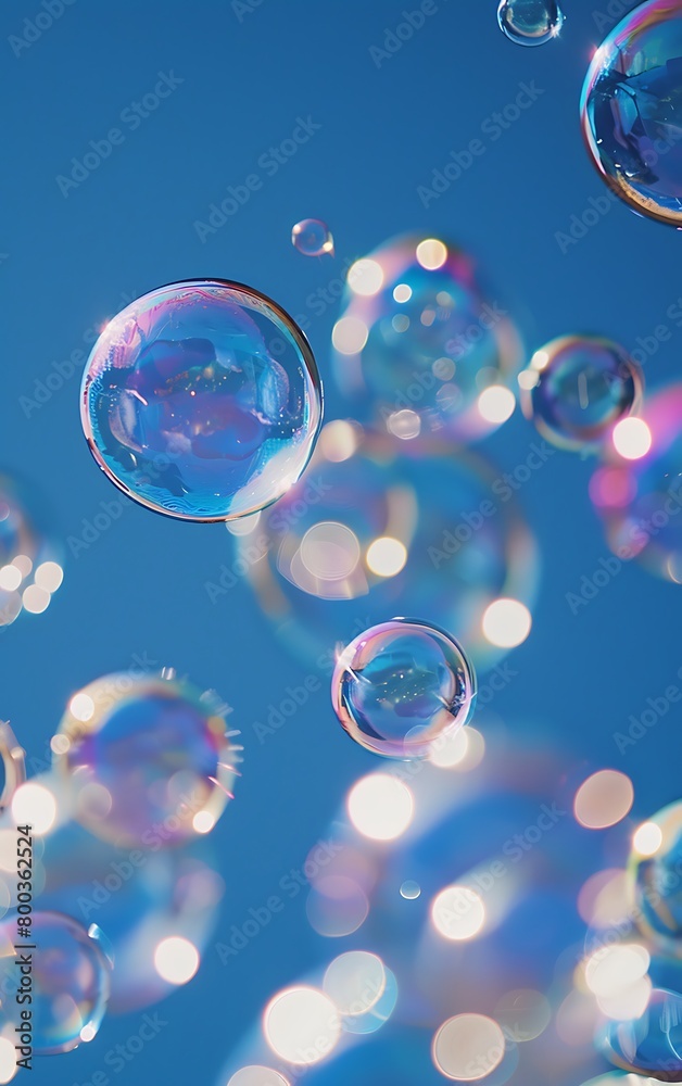 Soap bubbles floating in the blue sky with clouds