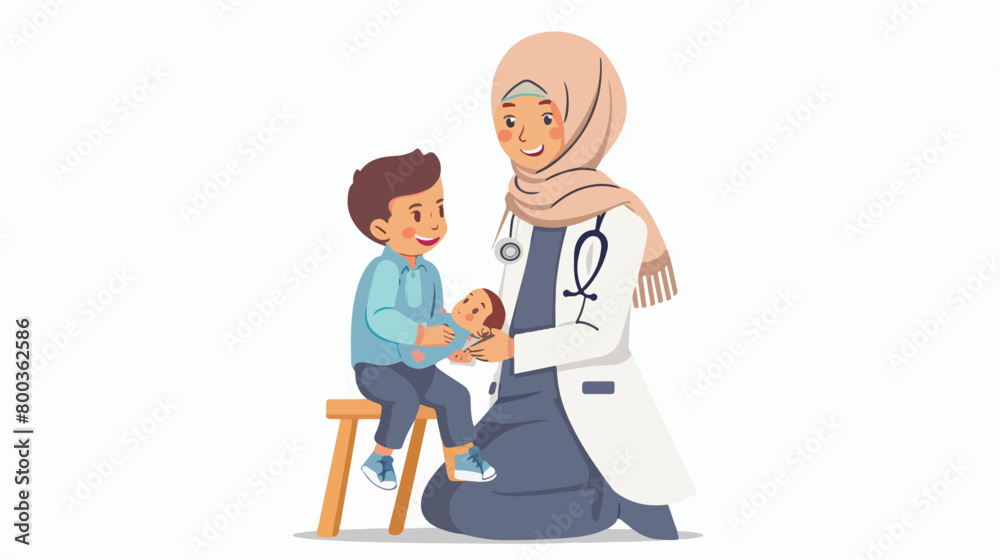 Muslim pediatrician with baby boy on white background