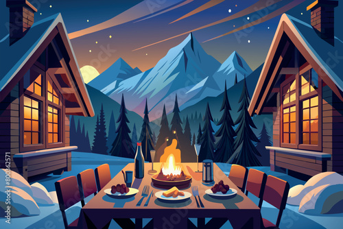 A mountain cabin with a fire pit and a table with a bottle of wine