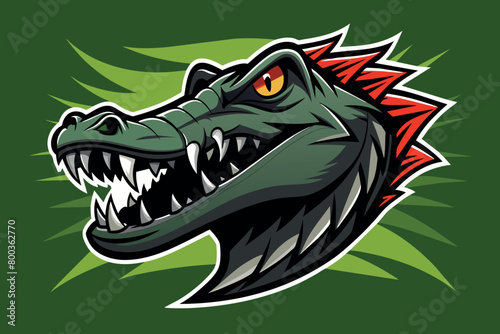 A crocodile head with red spikes on its neck