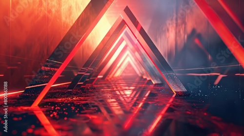 Visualize an abstract background featuring a dynamic 3D red right triangle frame  adding triangular depth and vibrant red tones.