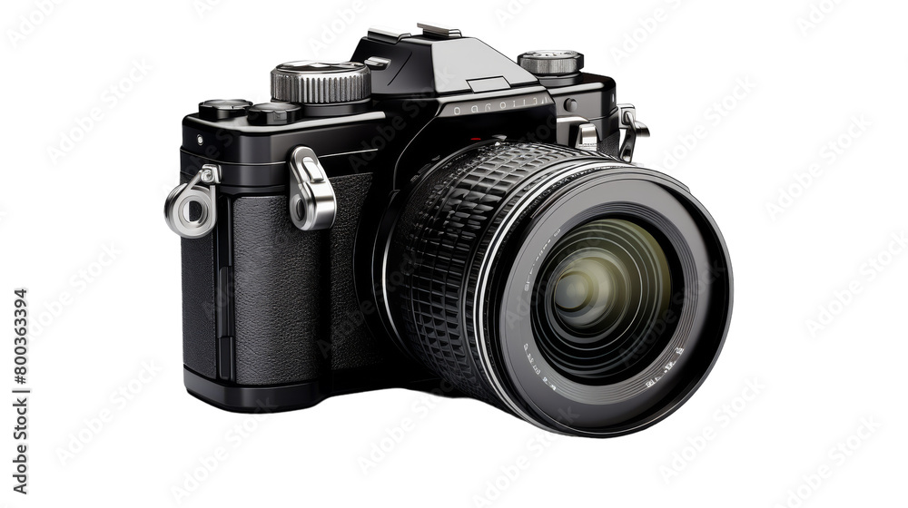 A sleek black camera with a lens attached, ready to capture the world on transparent background