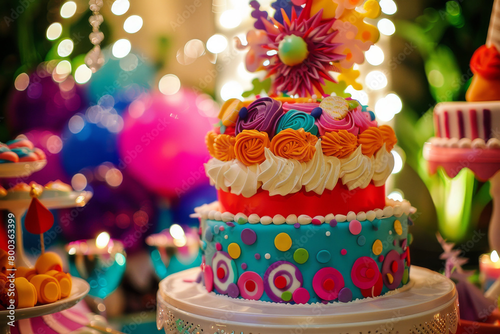 Capture the fun and creativity of a whimsical birthday cake, designed with bold colors, playful patterns, and imaginative toppers - Generative AI Capture the fun and creativity of a whimsical birthday cake, designed with bold colors, playful patterns, and imaginative toppers - Generative AI