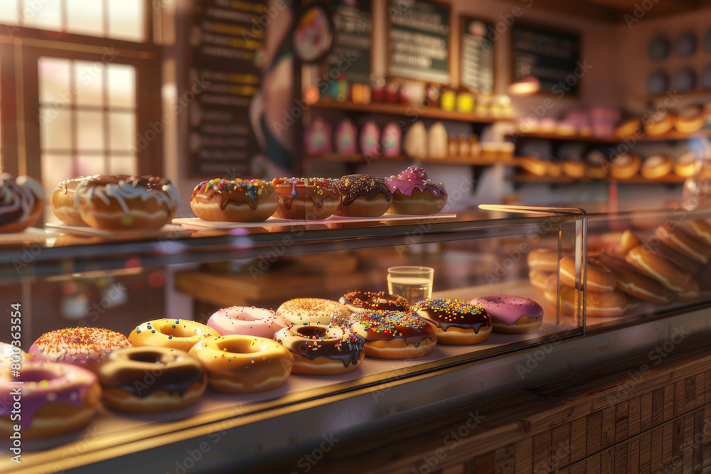 The nostalgic charm of a classic doughnut shop, focusing on the display case filled with traditional favorites like glazed, chocolate, and sprinkled doughnuts - Generative AI
