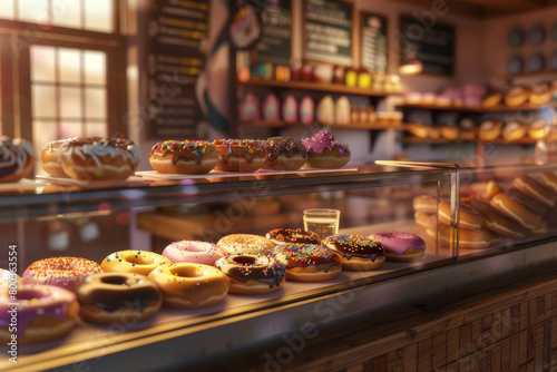 The nostalgic charm of a classic doughnut shop, focusing on the display case filled with traditional favorites like glazed, chocolate, and sprinkled doughnuts - Generative AI photo
