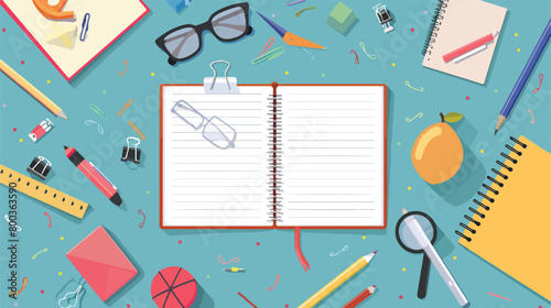 Notebook with school supplies on color background Vector