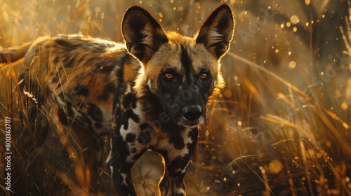 An African Wild Dog stands surrounded by golden grass, the warm light of sunset illuminating its spotted coat