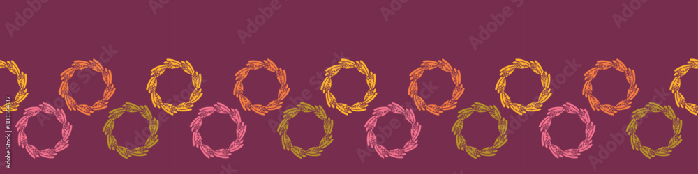 Fototapeta premium Retro botanical vector border in elegant style. Luxury print textur for beautiful feminine banner decor. Multicolor 70s leaf design