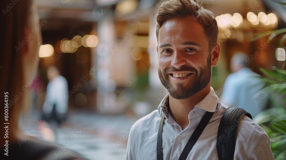 Hotel manager greeting tourists at the entrance with a warm smile and offering assistance. Hotel manager greeting tourists at the entrance with a warm smile and offering assistance.
