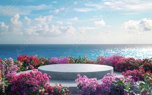 White podium on the background of the sea and blue sky. 3d rendering © HYOJEONG