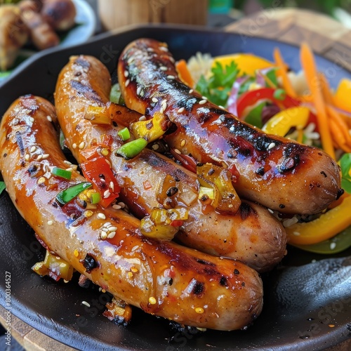 Sausages fried on fire in a plate with vegetables. Food for a picnic, a quick snack.