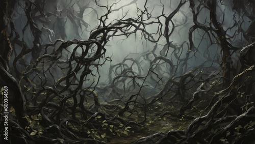 Abstract representation of forest flora, with twisted vines and thorns creating a foreboding and menacing atmosphere.
