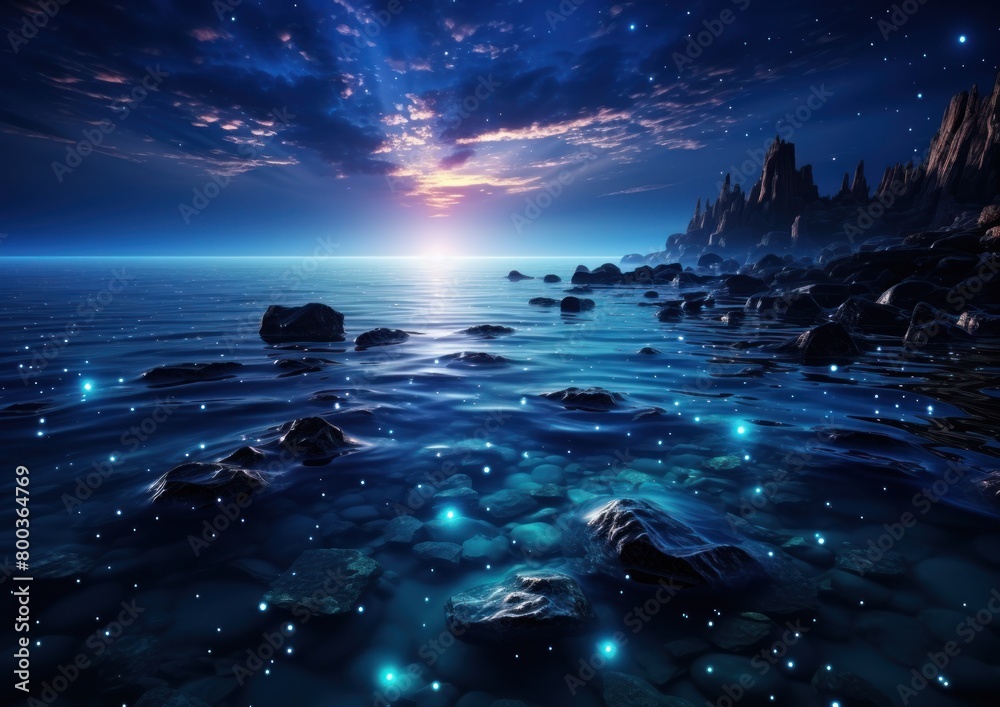 View of ocean at night with stars filling the sky