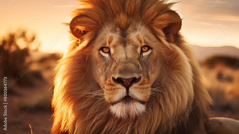Lion staring at the sunset in the middle of the savanna Lion staring at the sunset in the middle of the savanna